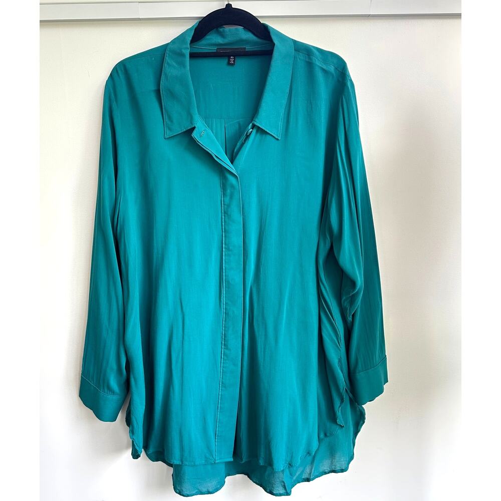 Universal Standard Teal Rayon Large Button Up Women's Blouse XS Relaxed Flowy